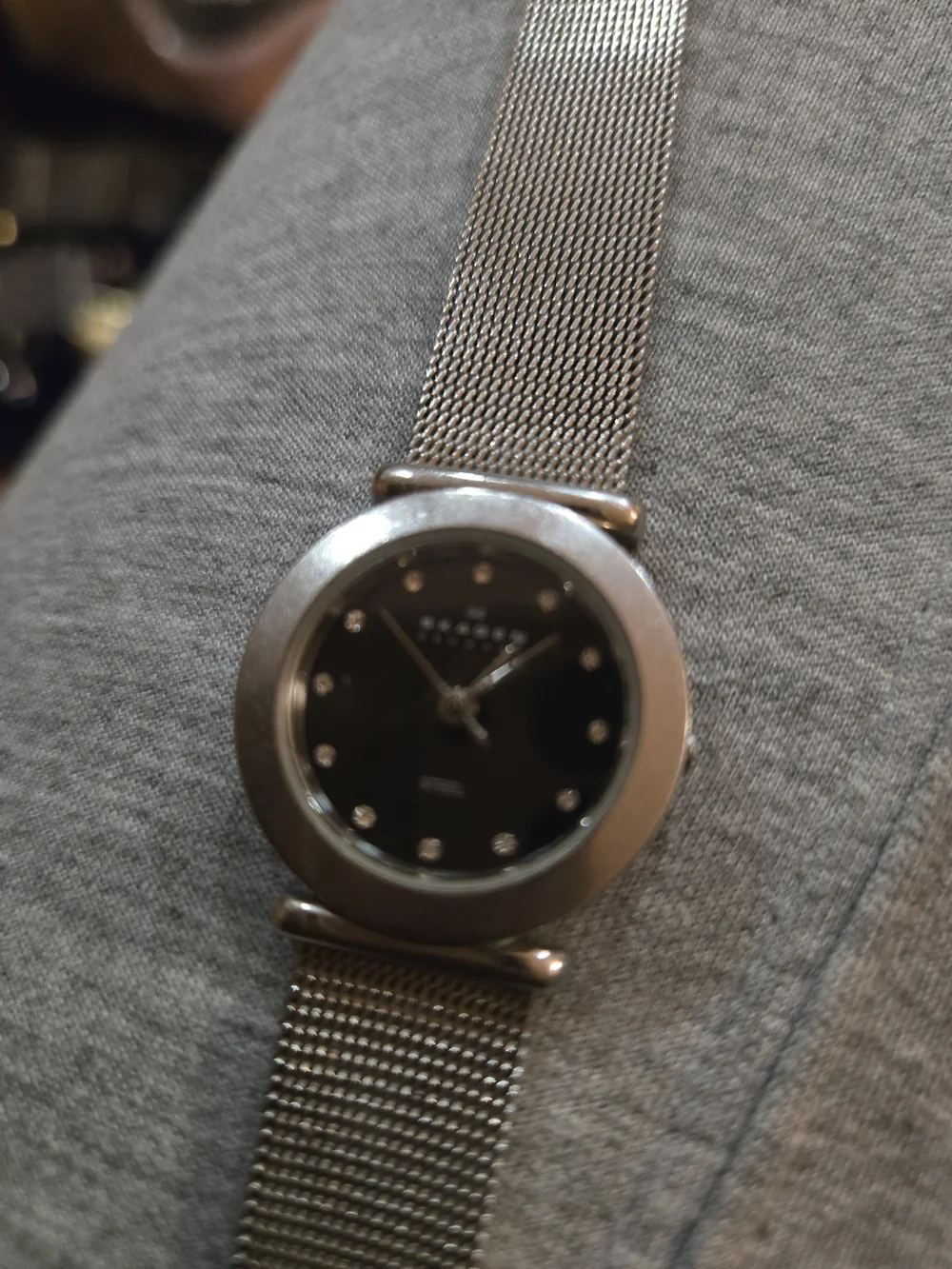 Skagen Silver Mesh Bracelet Watch with Black Dial and Crystal Markers